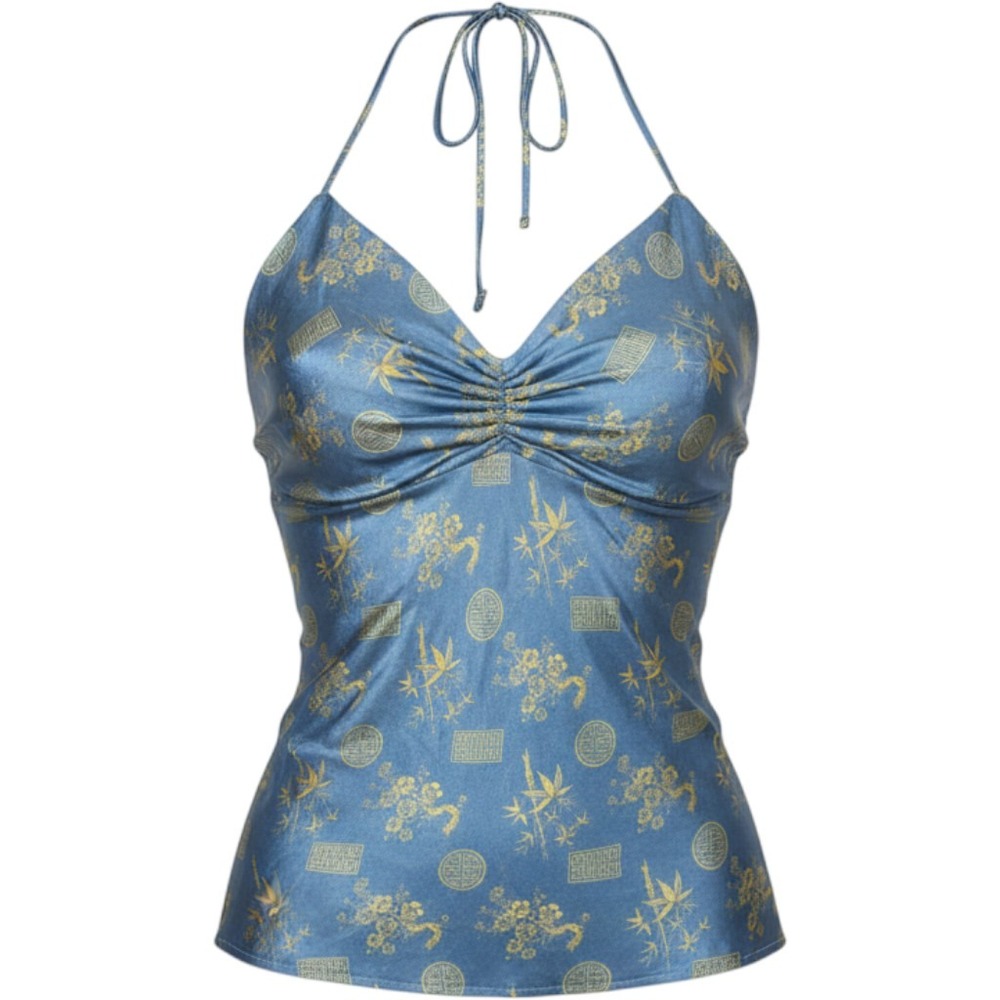 Old Shanghai Halter Top Women L Blue Excellent Silk Jacquard Oriental Ruched